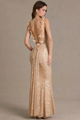 Embellished Open-Back Maxi Dress in Gold