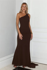 Sultry Drape One Shoulder Maxi Dress Chocolate