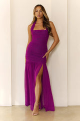 Evelyn Luxe Mesh Halter Maxi Dress Magenta