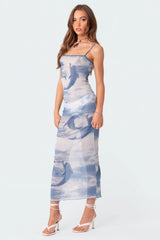 Dolphin Printed Sheer Mesh Maxi Dress