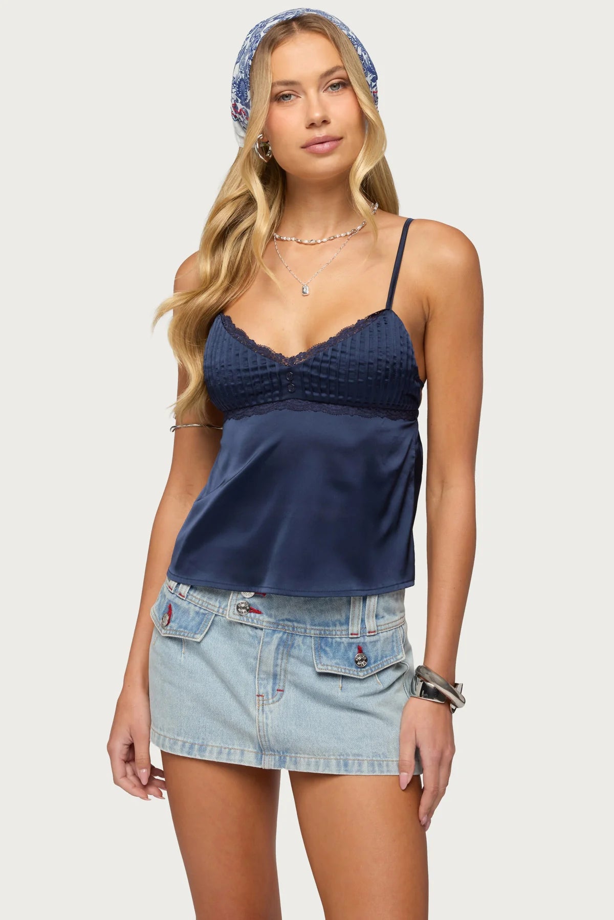 Blanca Satin Effect Lace Trim Tank Top