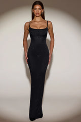 Sheer Embellished Backless Maxi Dress in Black