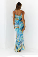 Abstract Swirl Maxi Dress Blue