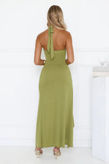 Modern Muse Halter Ruched Maxi Dress Olive Green