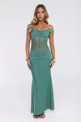 Grace Notes Off Shoulder Mesh Maxi Dress Teal