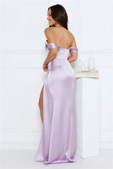 Silken Starlet Off Shoulder Satin Maxi Dress Lavender