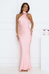 Cinnamon Glaze Halter Satin Maxi Dress Pink