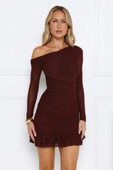 Serve The Look Mesh Long Sleeve Mini Dress Wine