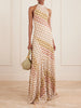 Striped metallic crochet-knit halterneck maxi dress