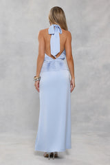 Silken Society Halter Satin Maxi Dress Blue