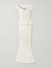 Off-the-shoulder belted metallic bouclé and crepe maxi dress