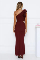 Luxe By Moonlight One Shoulder Mesh Maxi Dress Wine