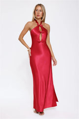 Sleek Halter Neck Cutout Satin Maxi Dress Red