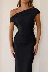Sultry Draped One Shoulder Maxi Dress Black