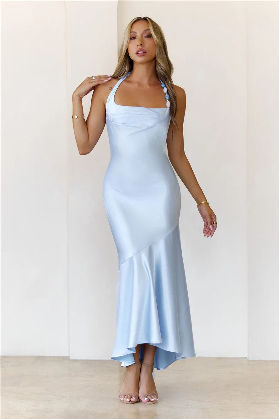 Shimmer Crystal Satin Halter Maxi Dress Blue