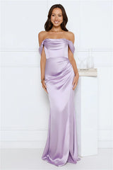 Silken Starlet Off Shoulder Satin Maxi Dress Lavender