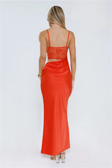 Slow Summer Nights Lace Satin Maxi Dress Tangerine
