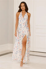 Parade Of Petals Halter Satin Maxi Dress Floral
