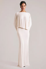 Long-Sleeve Draped Maxi Dress in Vanilla