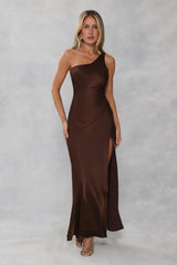 The Aurora One Shoulder Satin Maxi Dress Chocolate Brown