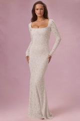Lace Long-Sleeve Maxi Dress in Pearl