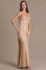 Embellished Open-Back Maxi Dress in Gold