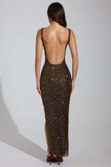 Embellished Scoop-Neck Thigh-Split Maxi Dress in Brown