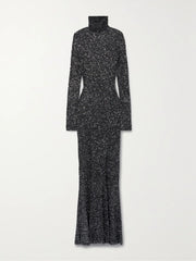 Sequined stretch-knit turtleneck maxi dress