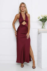 Polished Perspective Halter Satin Maxi Dress Plum