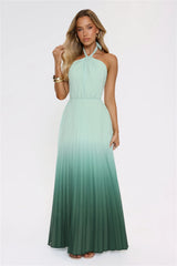 Wave Bloom Halter Pleated Maxi Dress Green