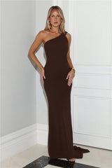 Sultry Drape One Shoulder Maxi Dress Chocolate