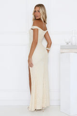 Cherished Off Shoulder Lace Maxi Dress Lemon