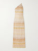 One-shoulder sequin-embellished striped metallic crochet-knit maxi dress