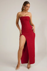 Embellished Strapless Cowl-Neck Maxi Dress in Rouge