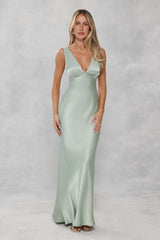 The Isabeau Satin Maxi Dress Sage Green